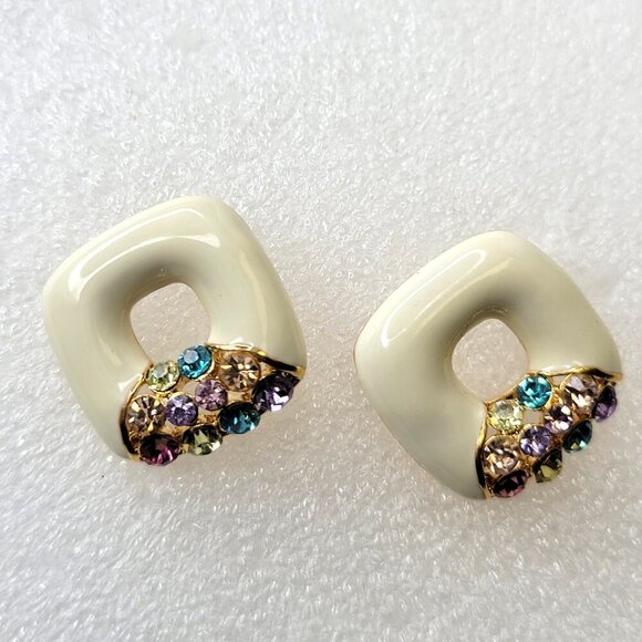 White Square Earrings With colorful Crystals - Picture 2 of 7